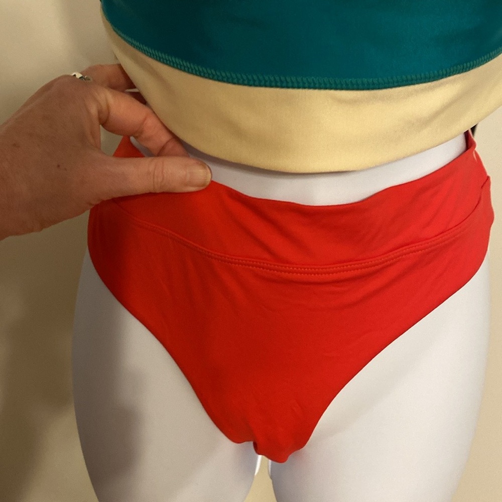 Prana Colorblock Bikini Bottoms in Red with Teal and Cream Accents
